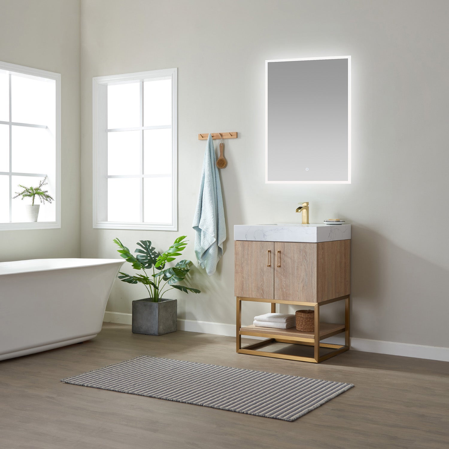 Alistair 24" Single Vanity in North American Oak with White Grain Stone Countertop