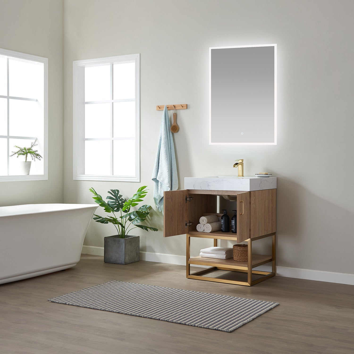 Alistair 24" Single Vanity in North American Oak with White Grain Stone Countertop