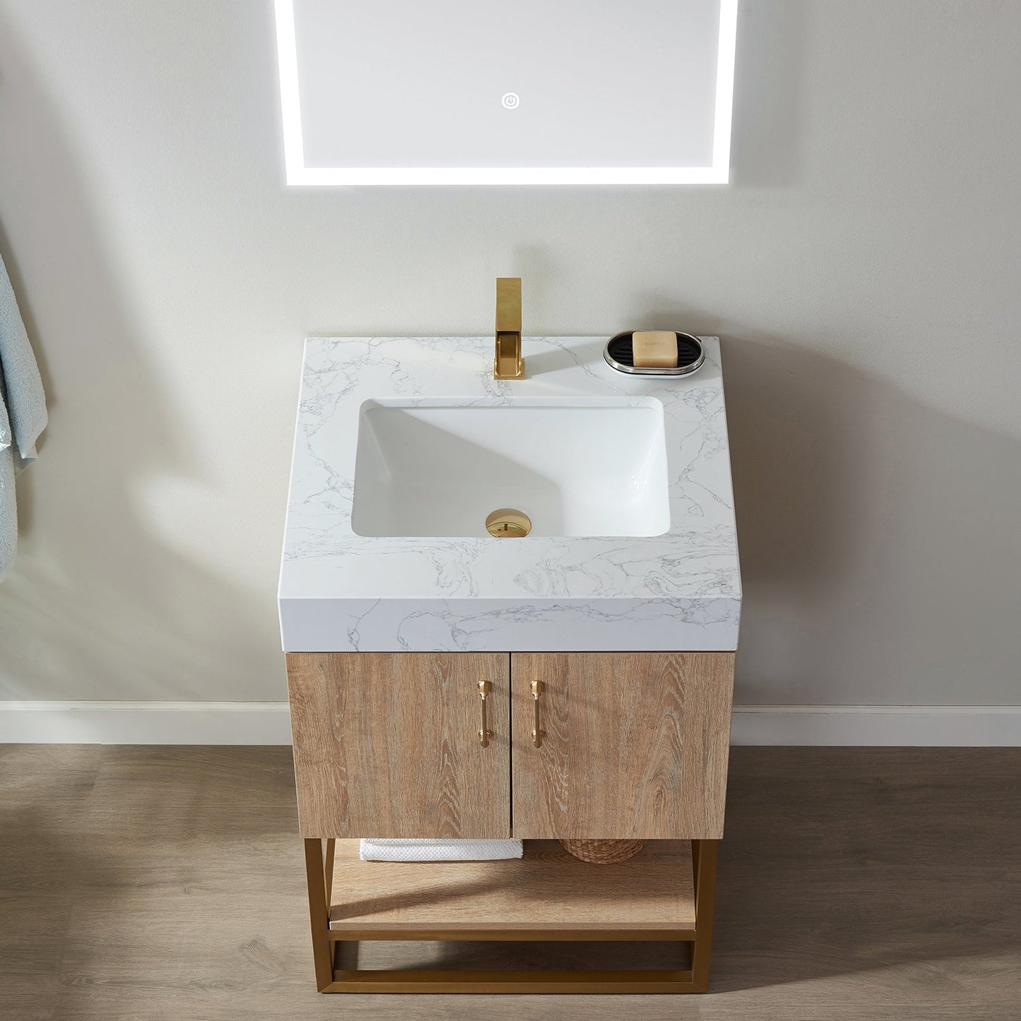Alistair 24" Single Vanity in North American Oak with White Grain Stone Countertop