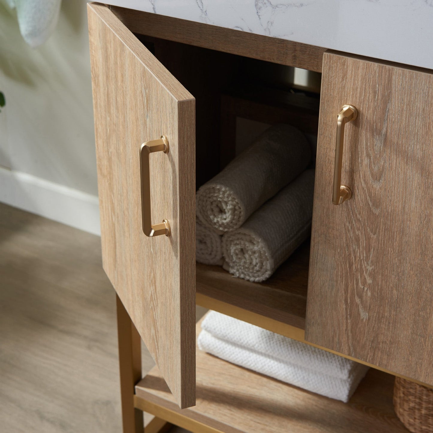 Alistair 24" Single Vanity in North American Oak with White Grain Stone Countertop
