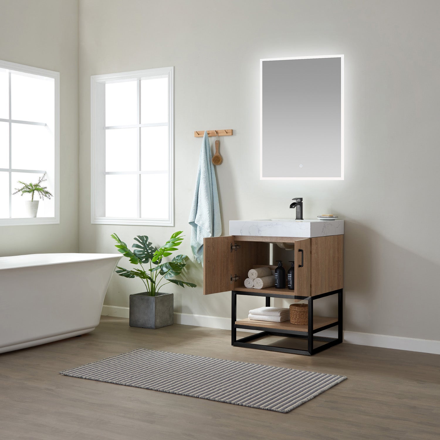 Alistair 24B" Single Vanity in North American Oak with White Grain Stone Countertop