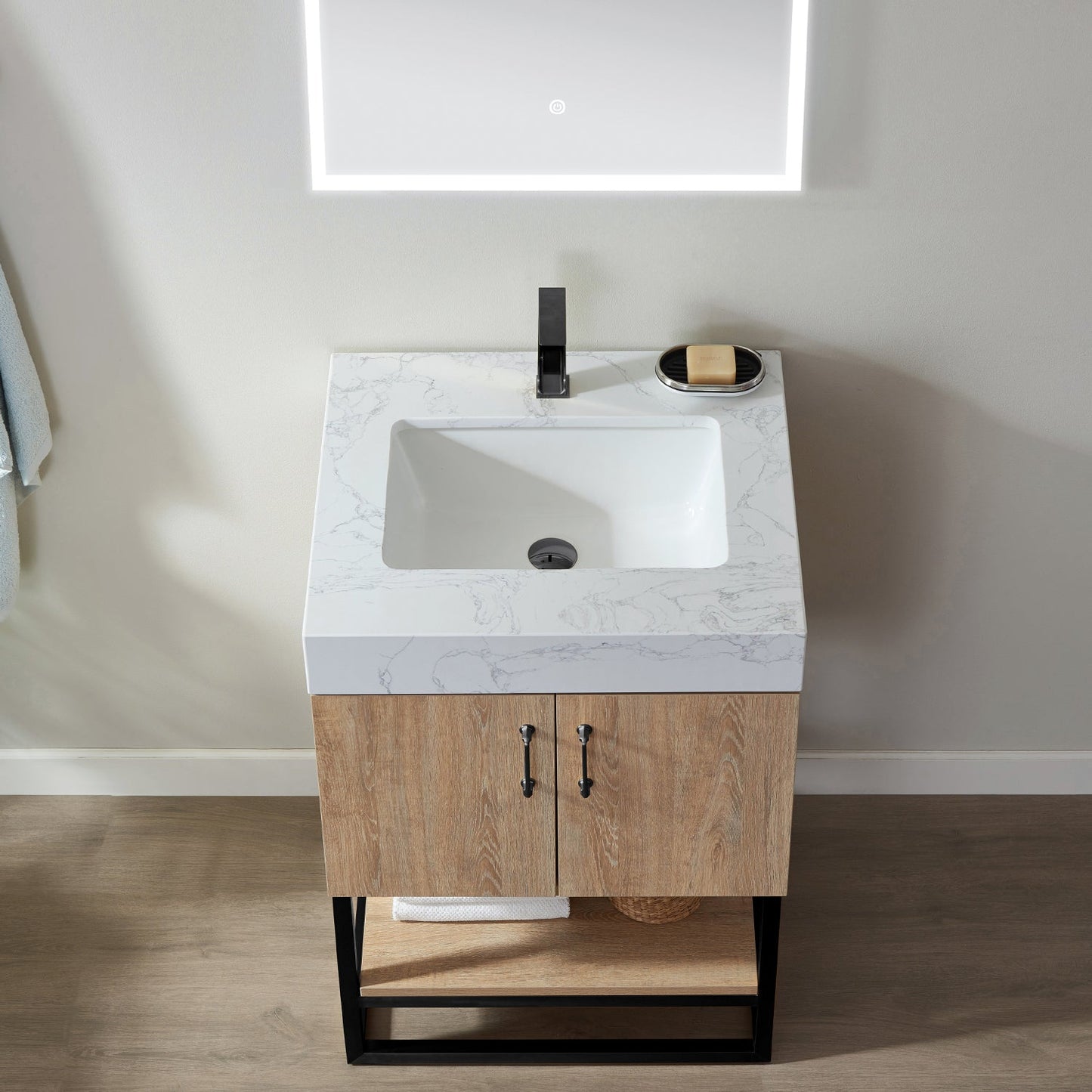 Alistair 24B" Single Vanity in North American Oak with White Grain Stone Countertop