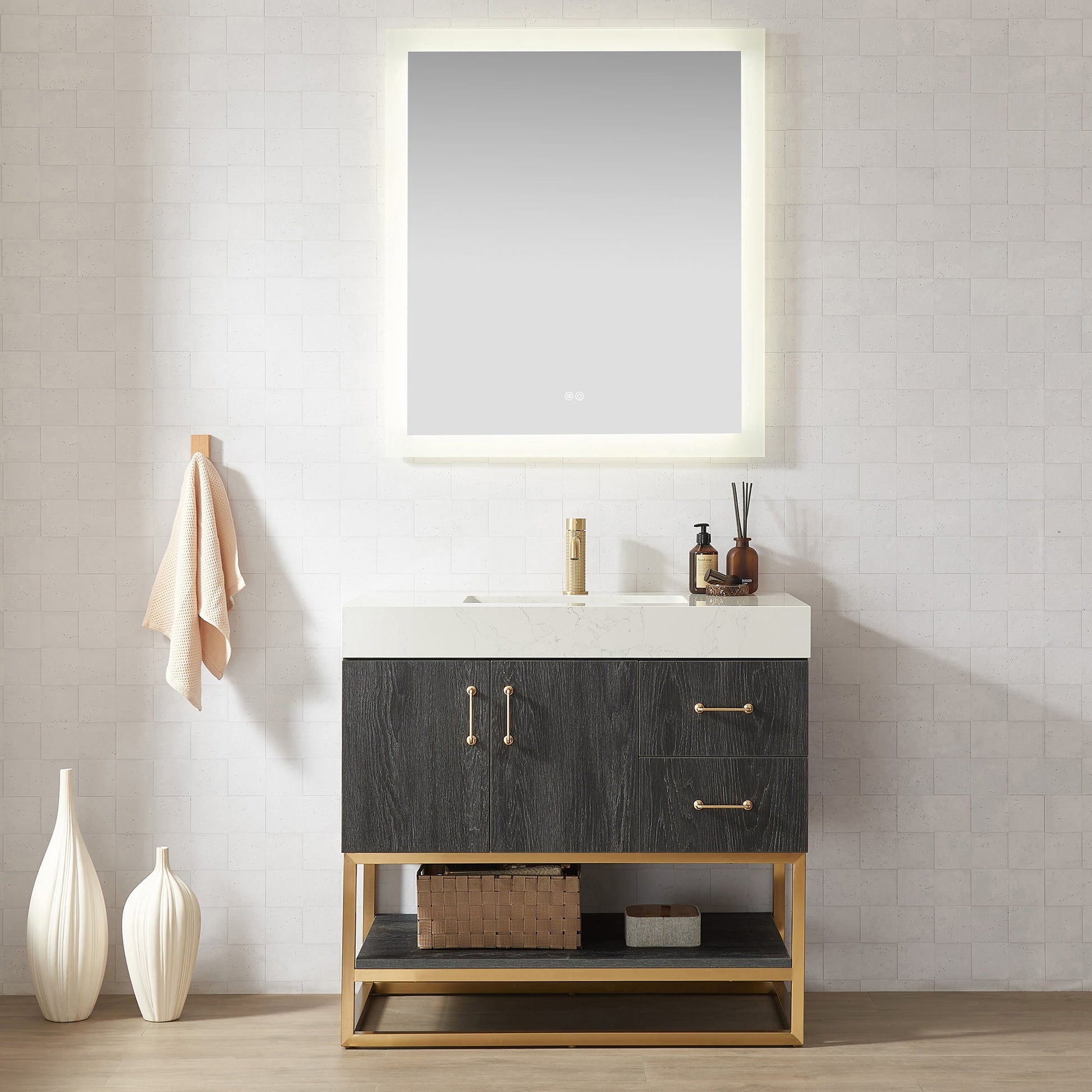 Alistair 36" Single Vanity in North American Black Oak with White Grain Stone Top