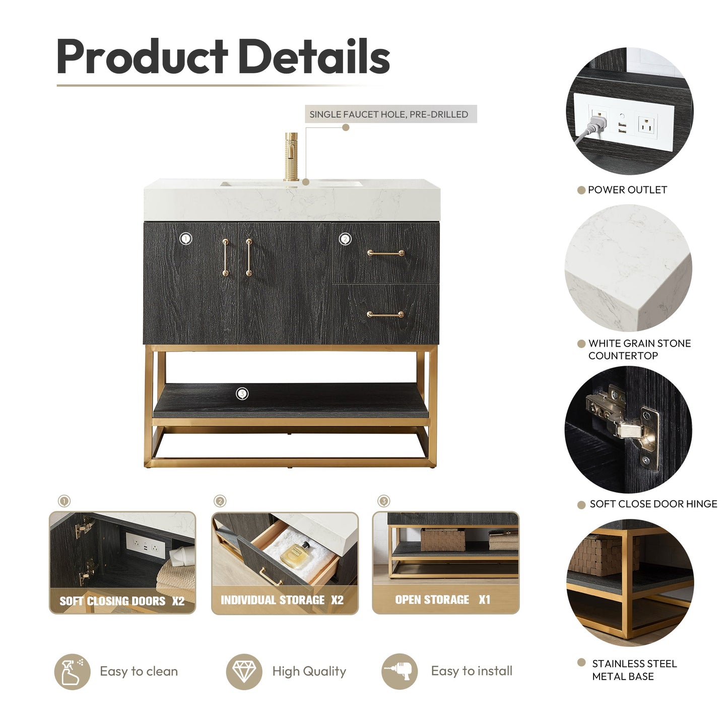 Alistair 36" Single Vanity in North American Black Oak with White Grain Stone Top