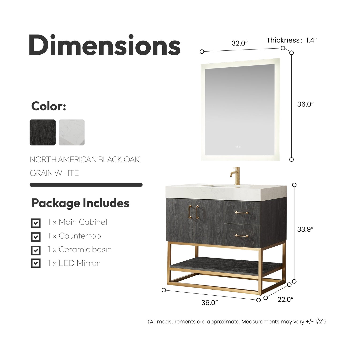 Alistair 36" Single Vanity in North American Black Oak with White Grain Stone Top