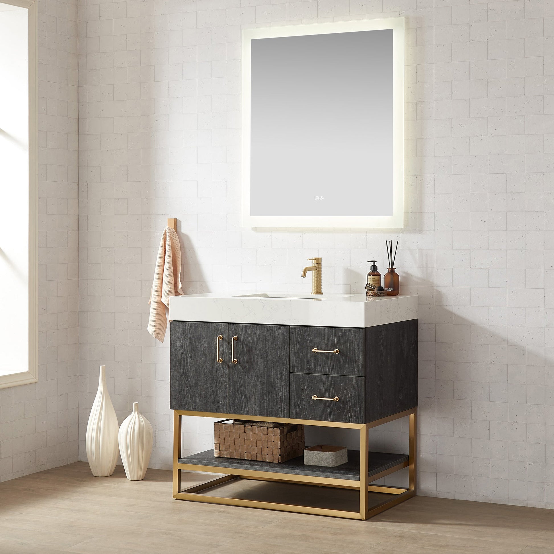 Alistair 36" Single Vanity in North American Black Oak with White Grain Stone Top