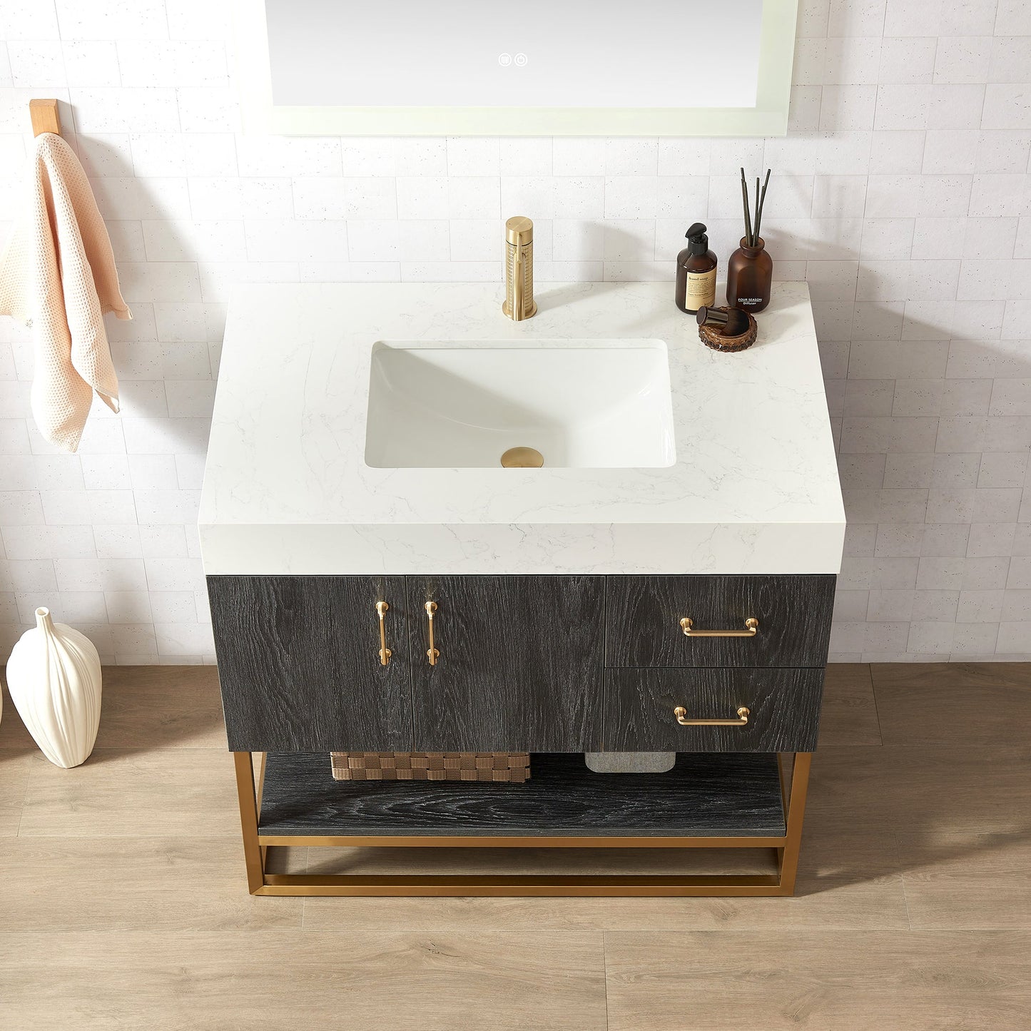 Alistair 36" Single Vanity in North American Black Oak with White Grain Stone Top