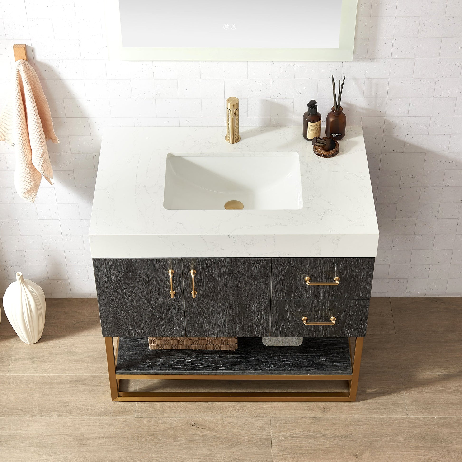 Alistair 36" Single Vanity in North American Black Oak with White Grain Stone Top