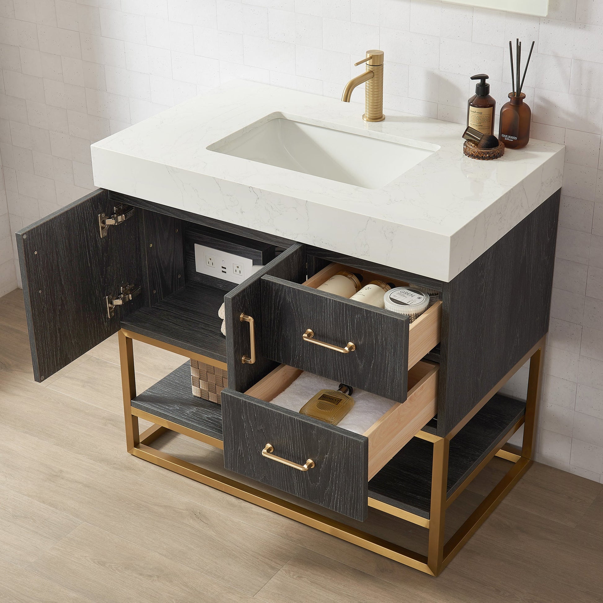 Alistair 36" Single Vanity in North American Black Oak with White Grain Stone Top