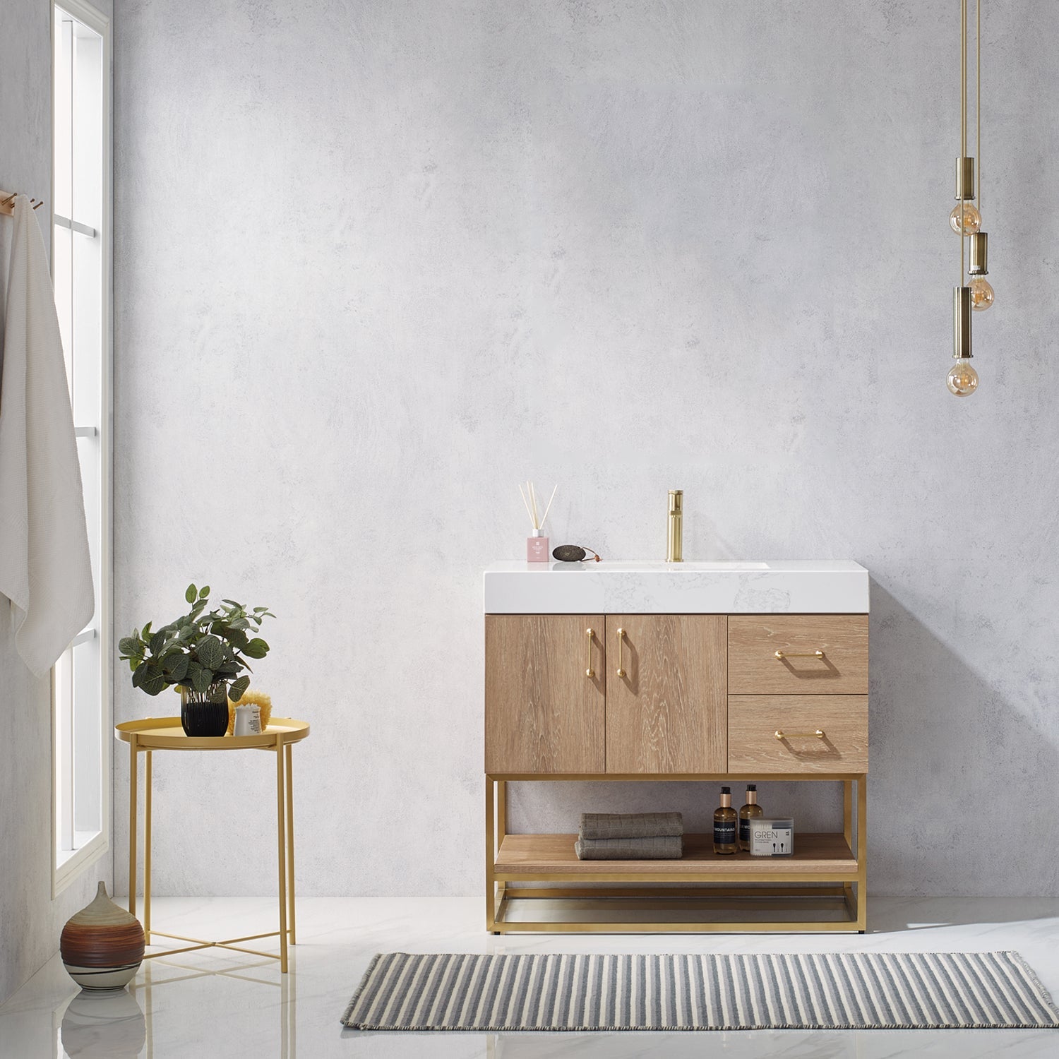 Alistair 36" Single Vanity in North American Oak with White Grain Stone Countertop