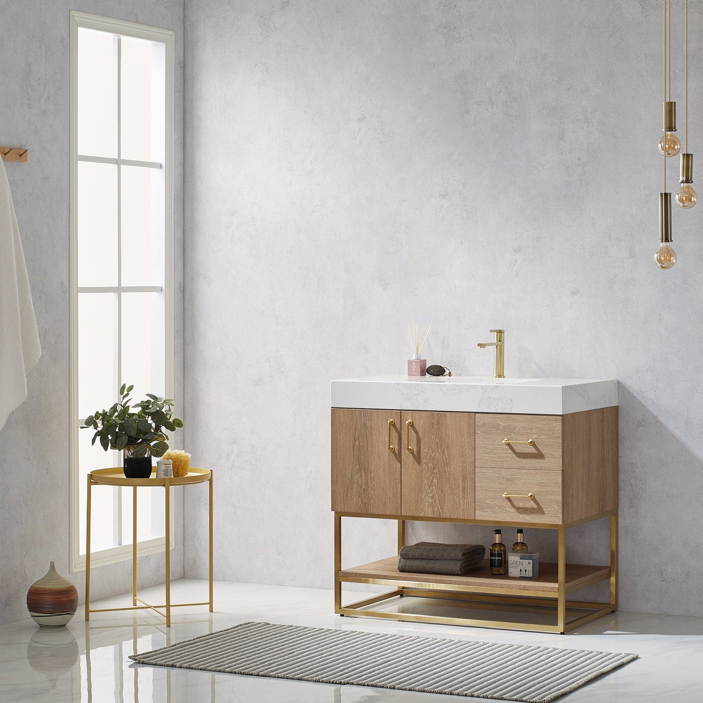 Alistair 36" Single Vanity in North American Oak with White Grain Stone Countertop