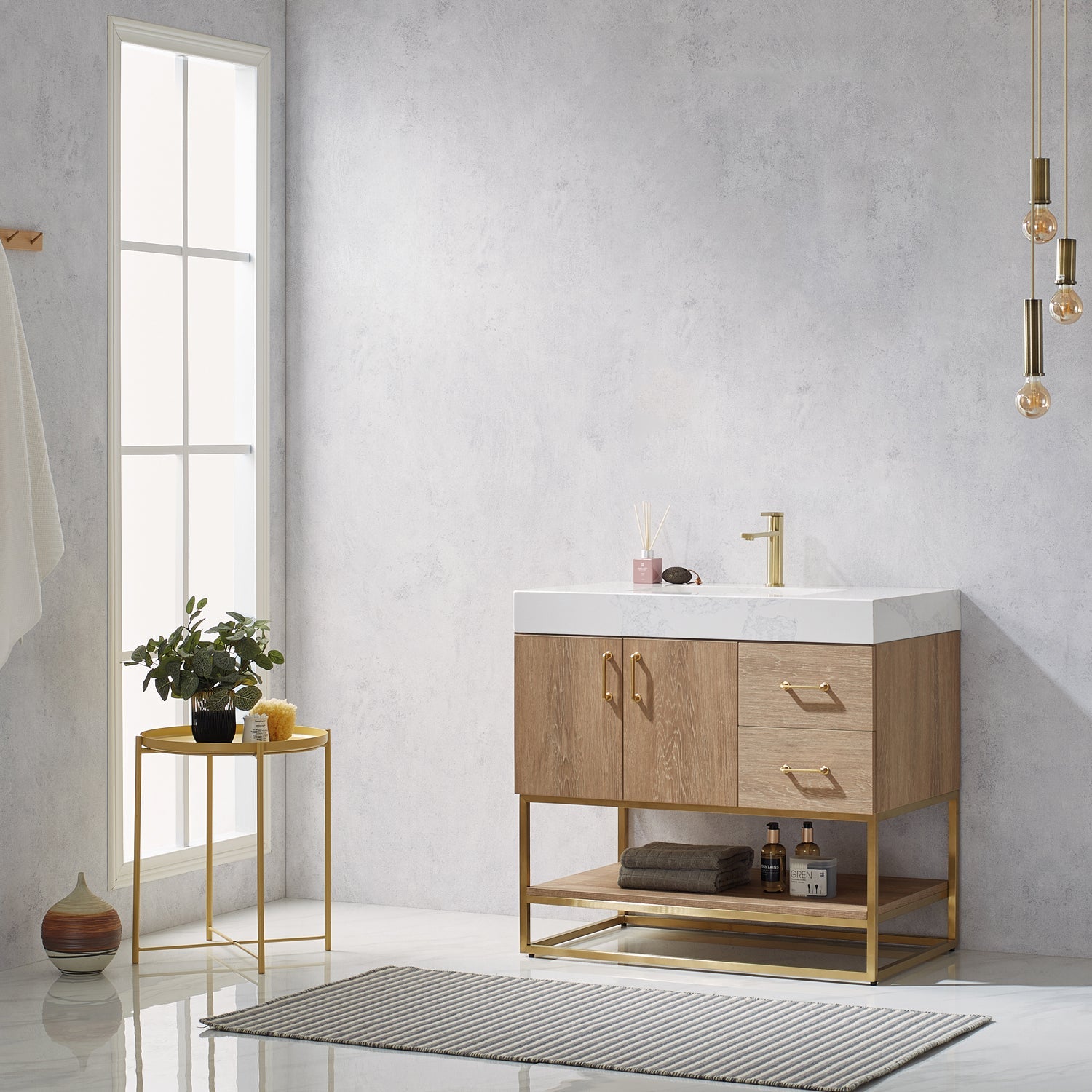 Alistair 36" Single Vanity in North American Oak with White Grain Stone Countertop