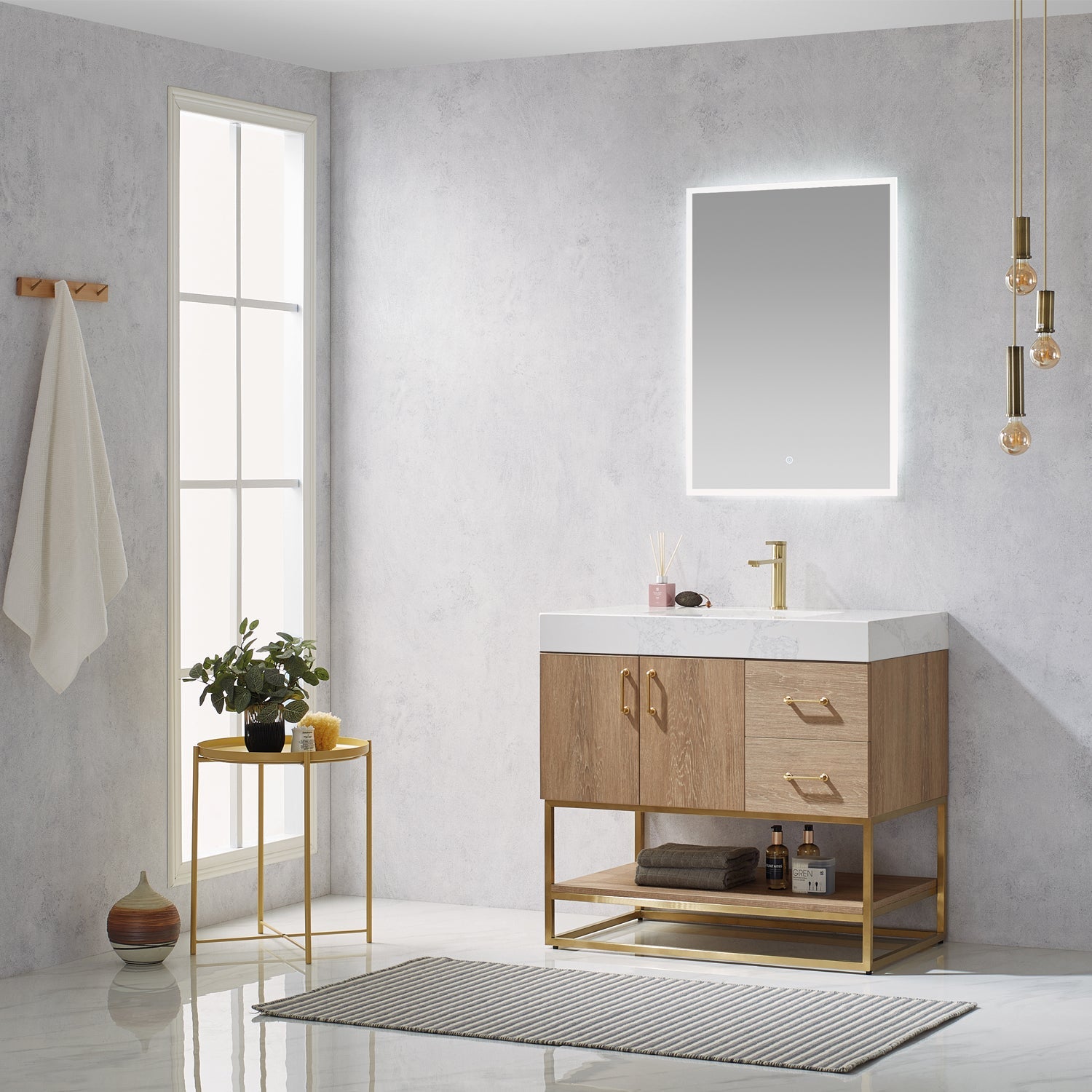 Alistair 36" Single Vanity in North American Oak with White Grain Stone Countertop