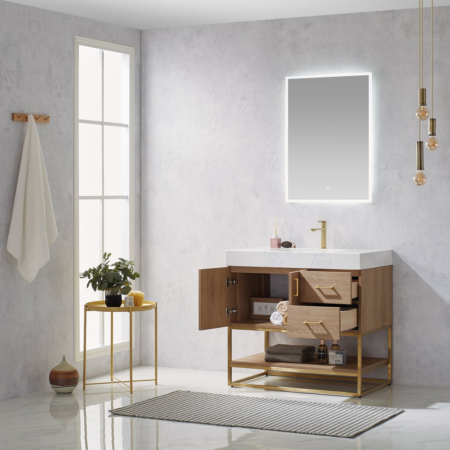 Alistair 36" Single Vanity in North American Oak with White Grain Stone Countertop