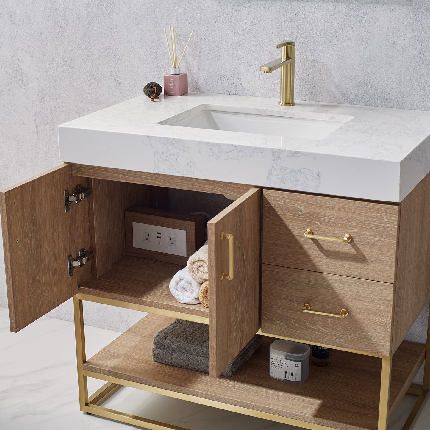 Alistair 36" Single Vanity in North American Oak with White Grain Stone Countertop