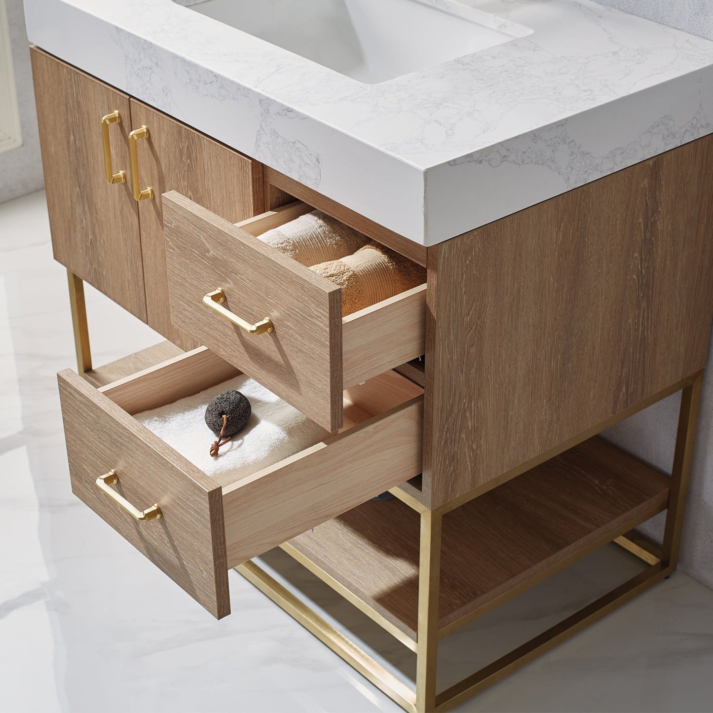 Alistair 36" Single Vanity in North American Oak with White Grain Stone Countertop