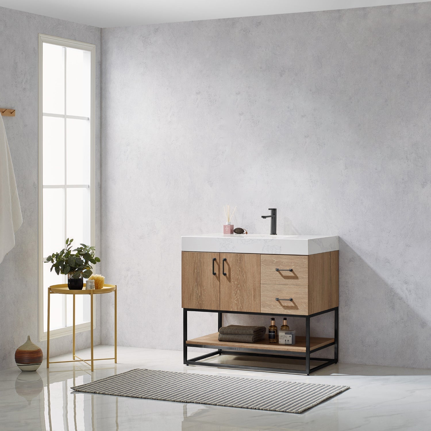 Alistair 36B" Single Vanity in North American Oak with White Grain Stone Countertop