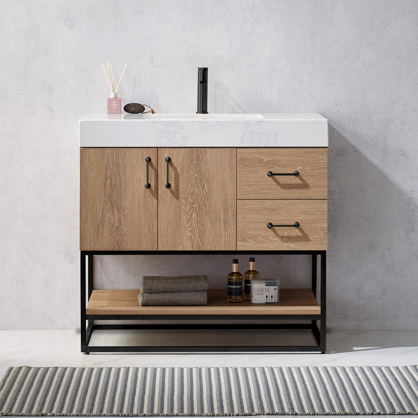 Alistair 36B" Single Vanity in North American Oak with White Grain Stone Countertop