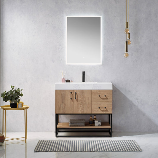 Alistair 36B" Single Vanity in North American Oak with White Grain Stone Countertop