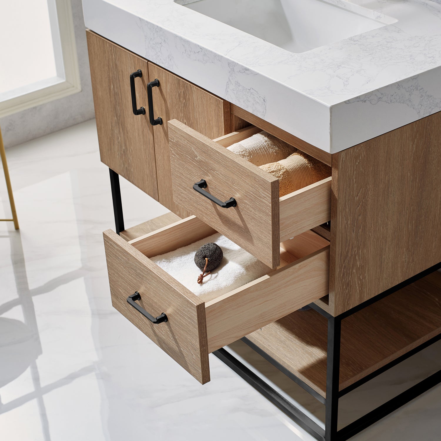 Alistair 36B" Single Vanity in North American Oak with White Grain Stone Countertop