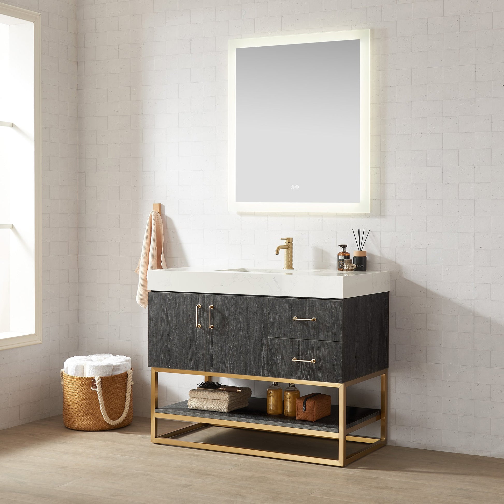 Alistair 42" Single Vanity in North American Black Oak with White Grain Stone Top