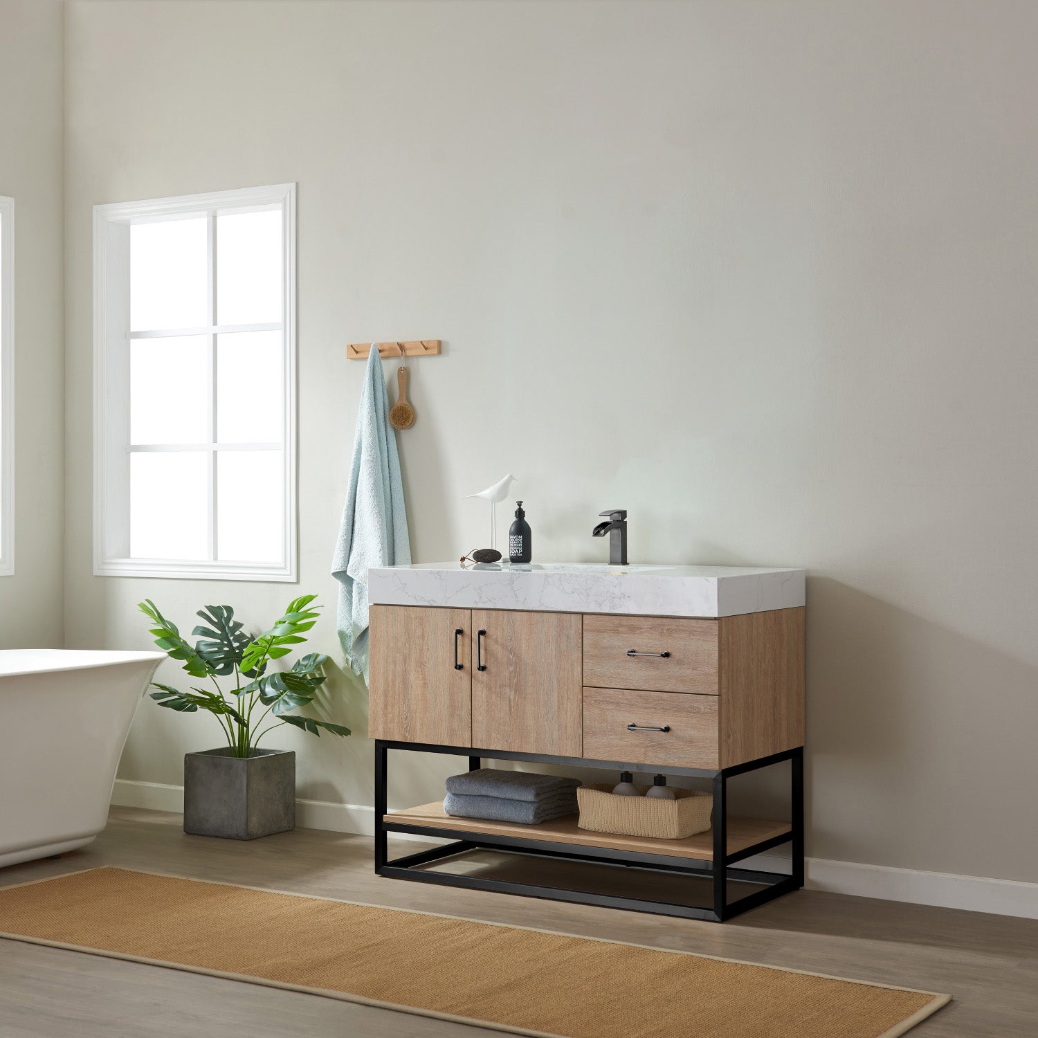 Alistair 42B" Single Vanity in North American Oak with White Grain Stone Countertop