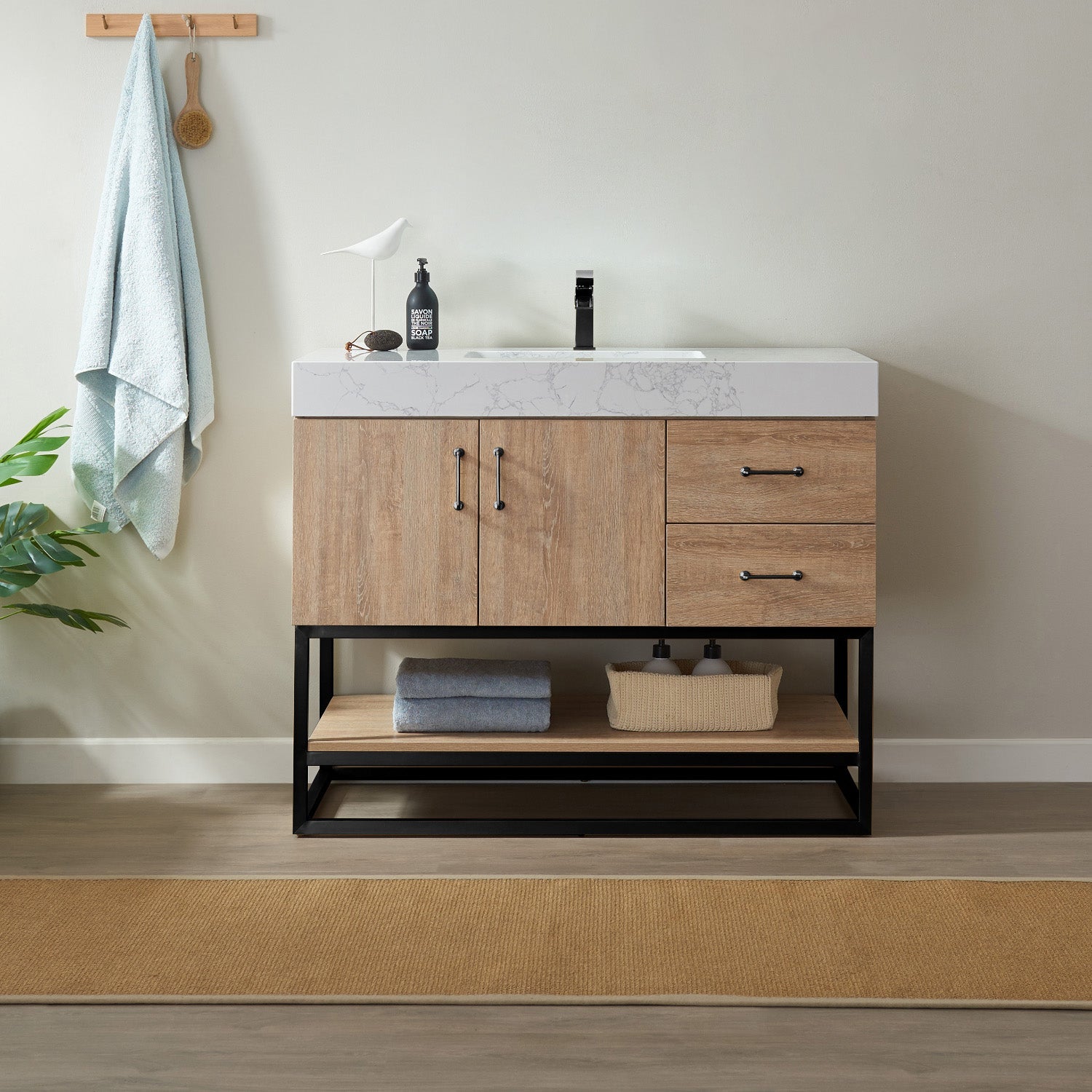 Alistair 42B" Single Vanity in North American Oak with White Grain Stone Countertop