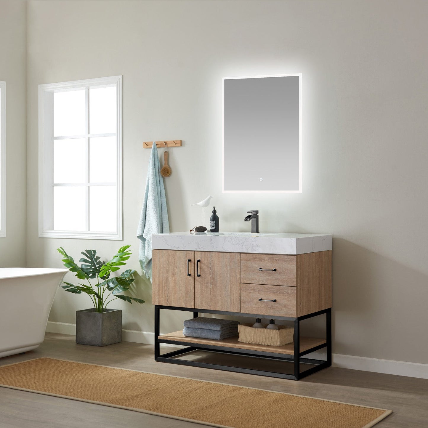 Alistair 42B" Single Vanity in North American Oak with White Grain Stone Countertop