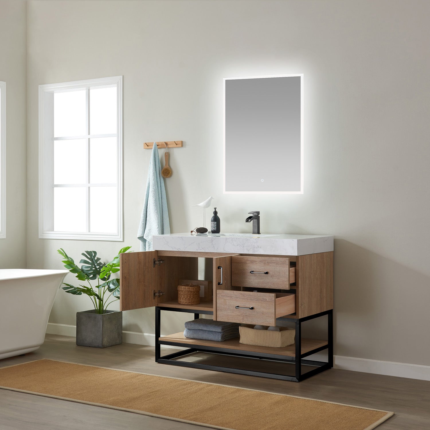 Alistair 42B" Single Vanity in North American Oak with White Grain Stone Countertop