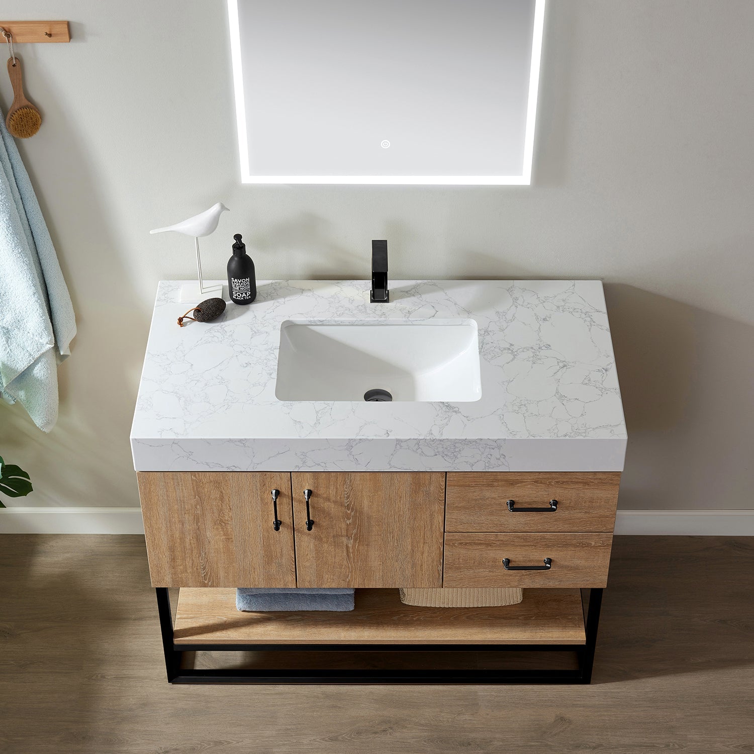 Alistair 42B" Single Vanity in North American Oak with White Grain Stone Countertop