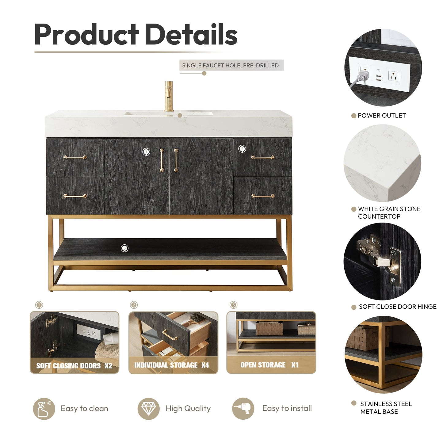 Alistair 48" Single Vanity in North American Black Oak with White Grain Stone Top