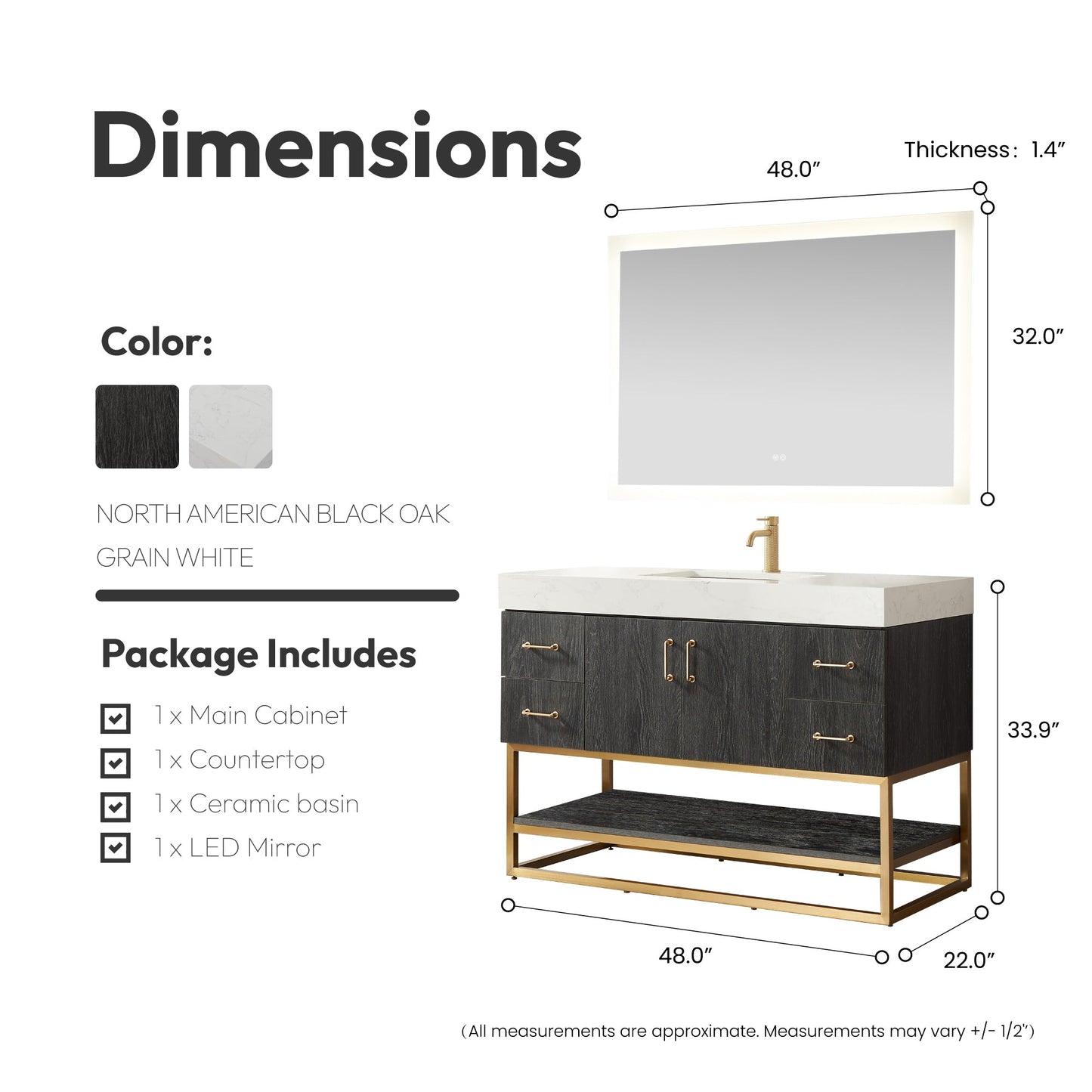 Alistair 48" Single Vanity in North American Black Oak with White Grain Stone Top