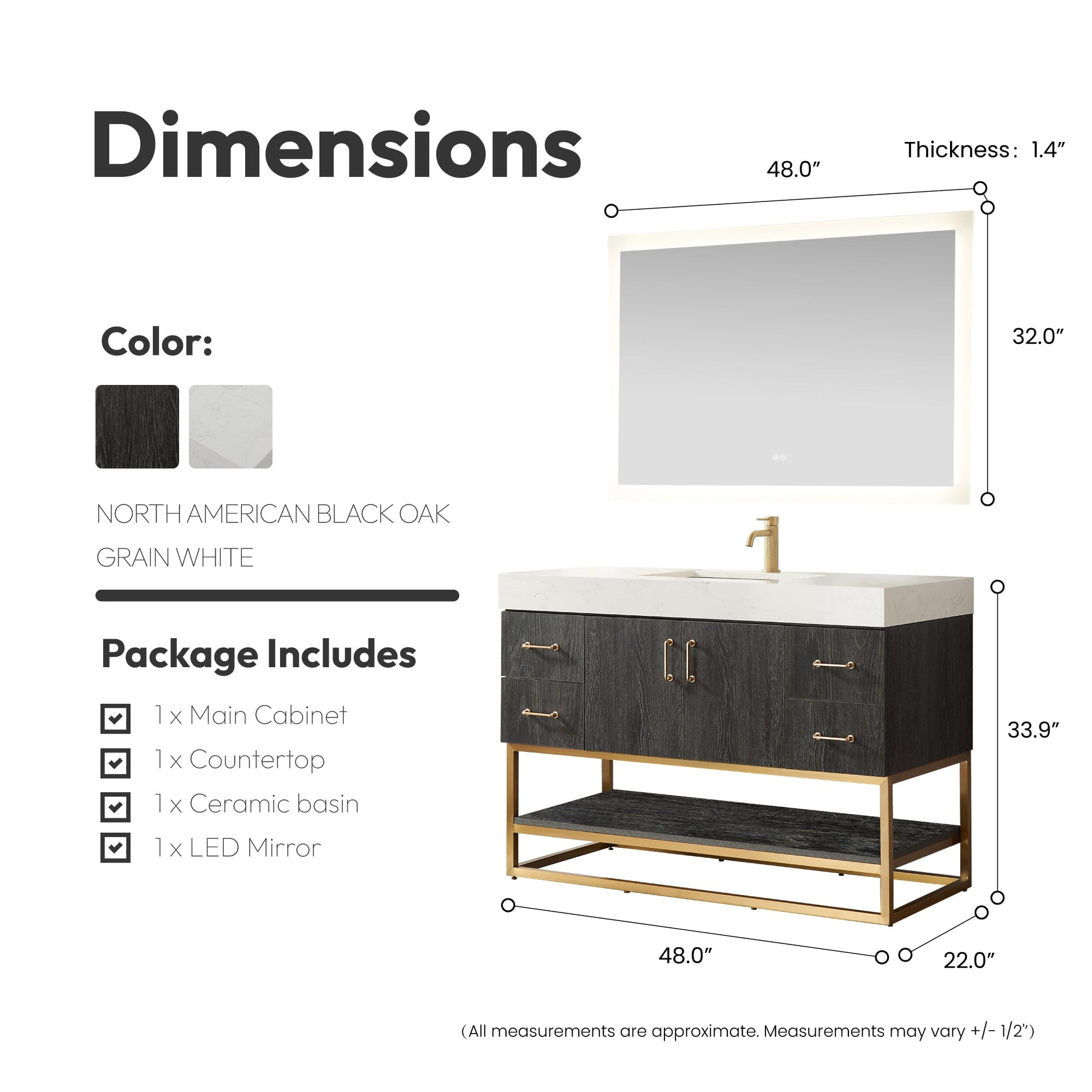 Alistair 48" Single Vanity in North American Black Oak with White Grain Stone Top