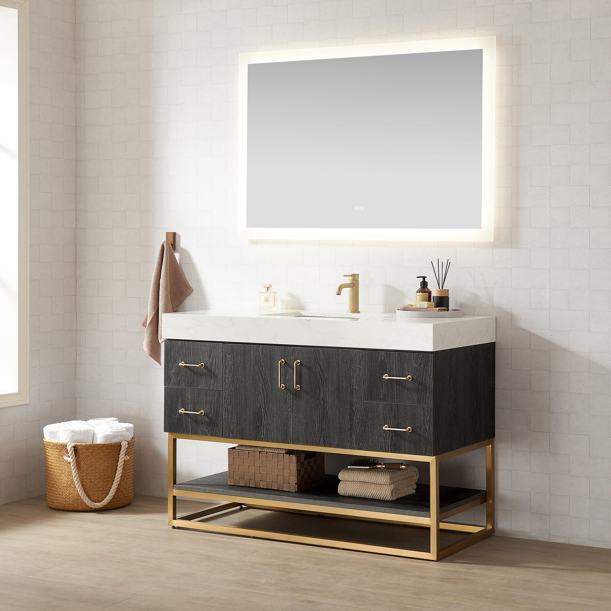 Alistair 48" Single Vanity in North American Black Oak with White Grain Stone Top