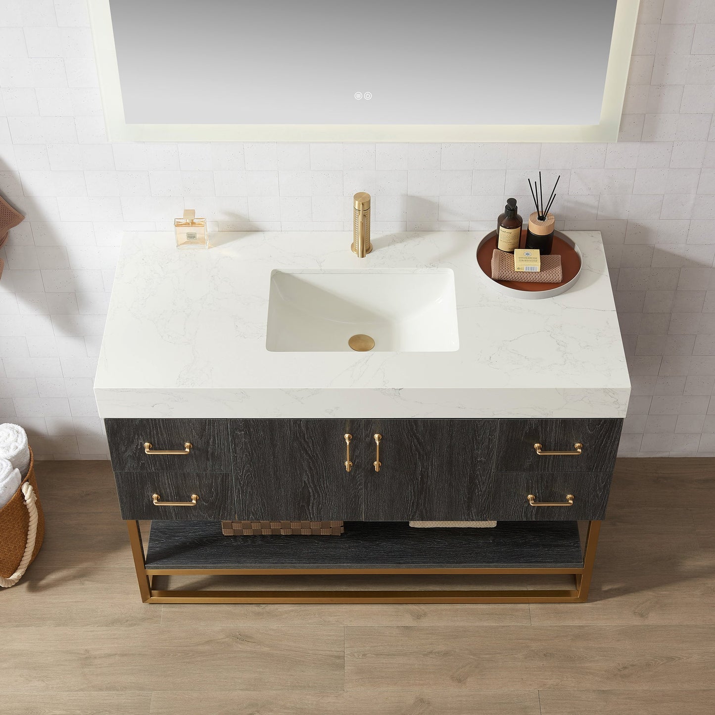 Alistair 48" Single Vanity in North American Black Oak with White Grain Stone Top