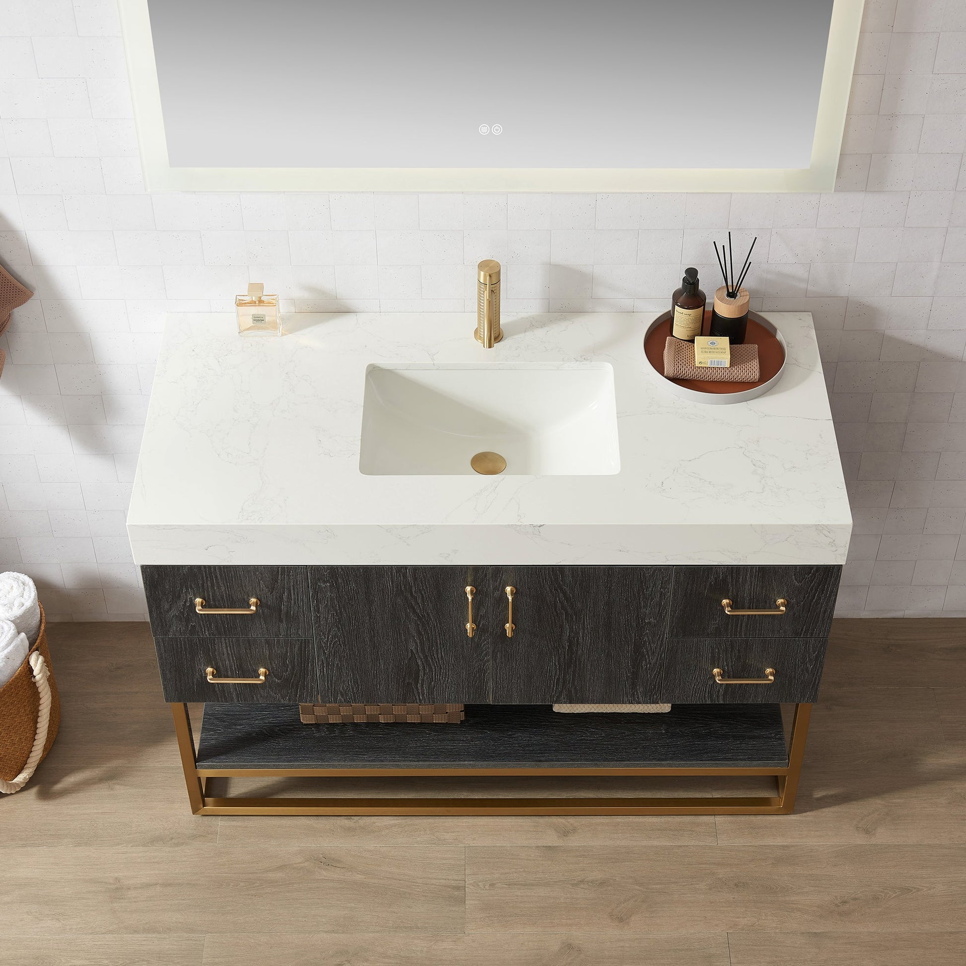Alistair 48" Single Vanity in North American Black Oak with White Grain Stone Top