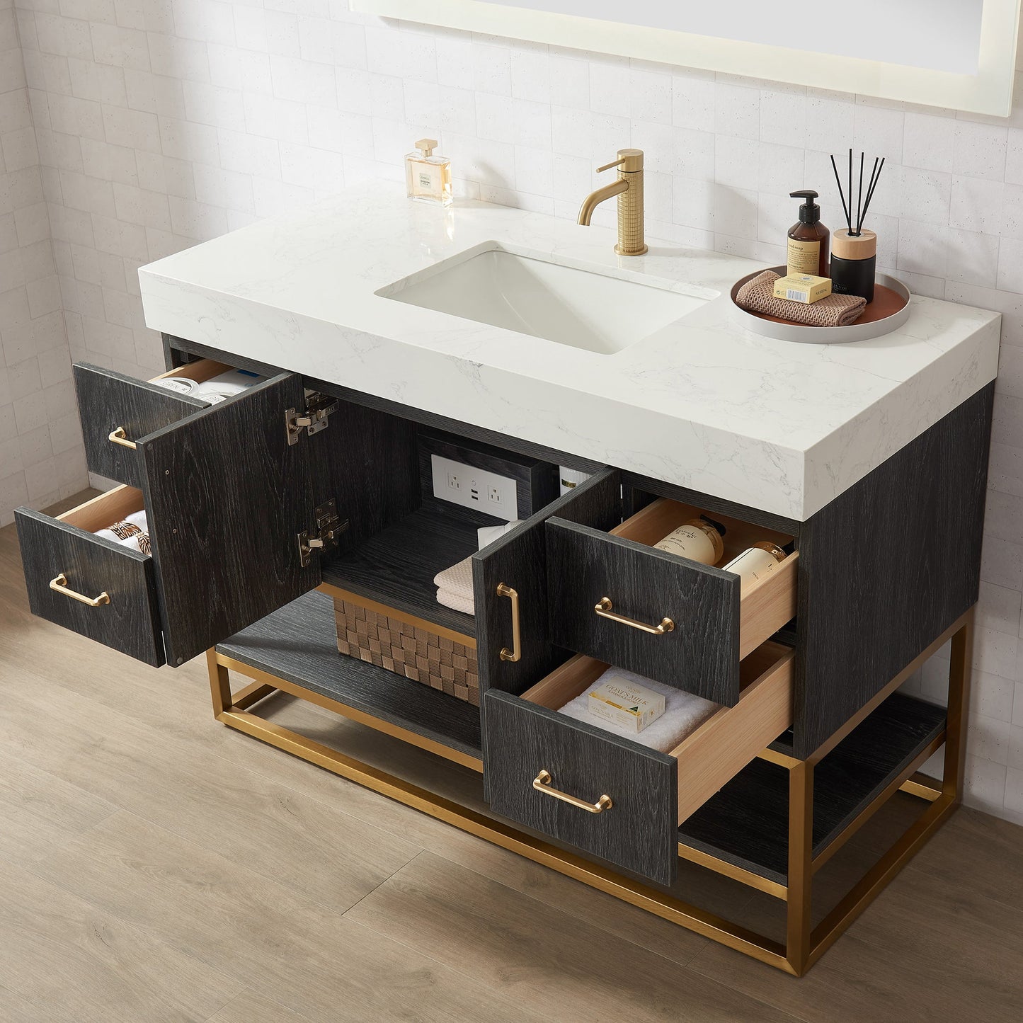 Alistair 48" Single Vanity in North American Black Oak with White Grain Stone Top