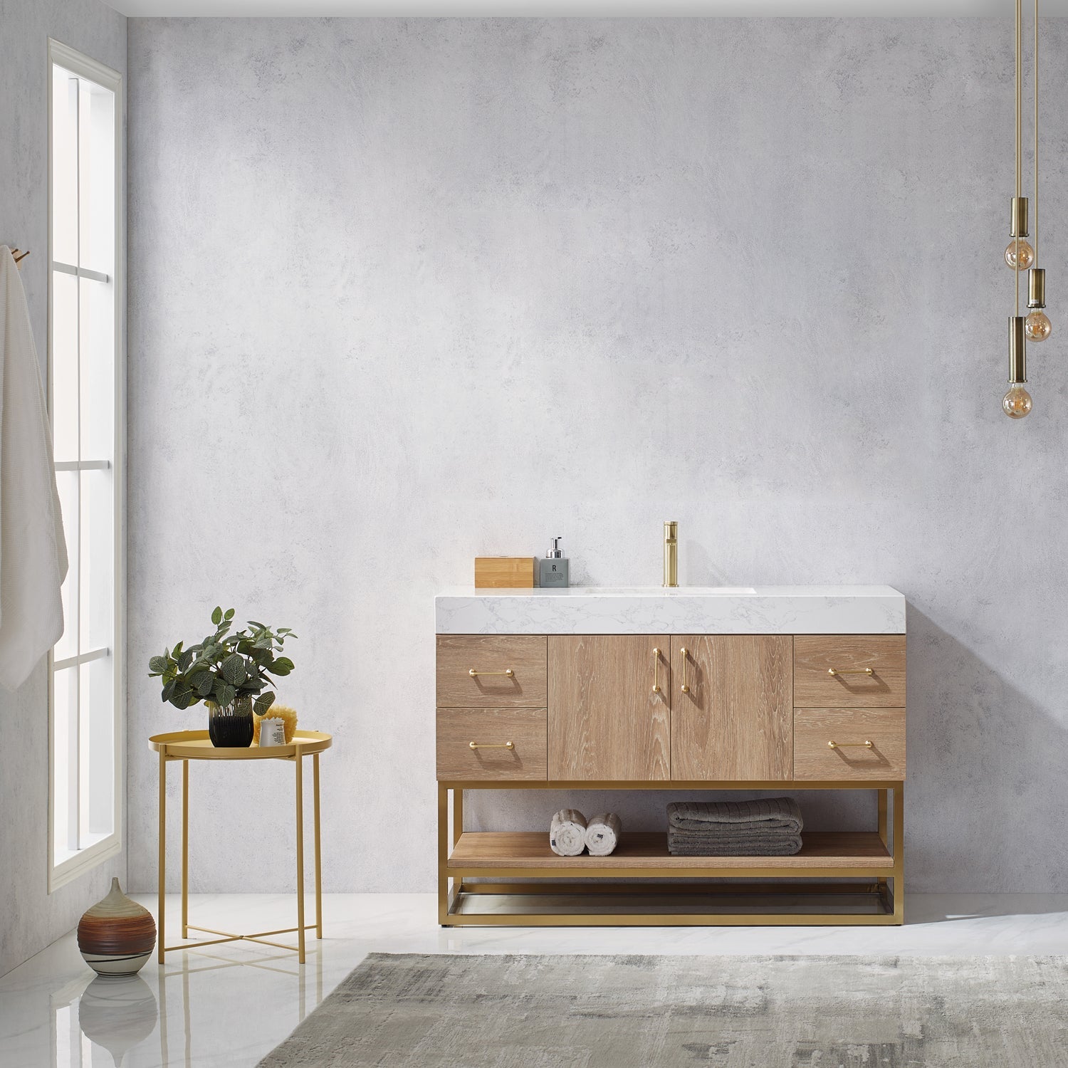 Alistair 48" Single Vanity in North American Oak with White Grain Stone Countertop