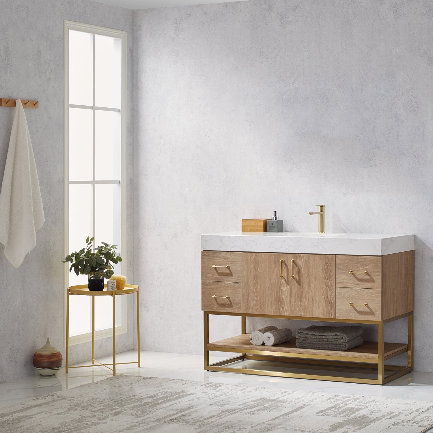 Alistair 48" Single Vanity in North American Oak with White Grain Stone Countertop