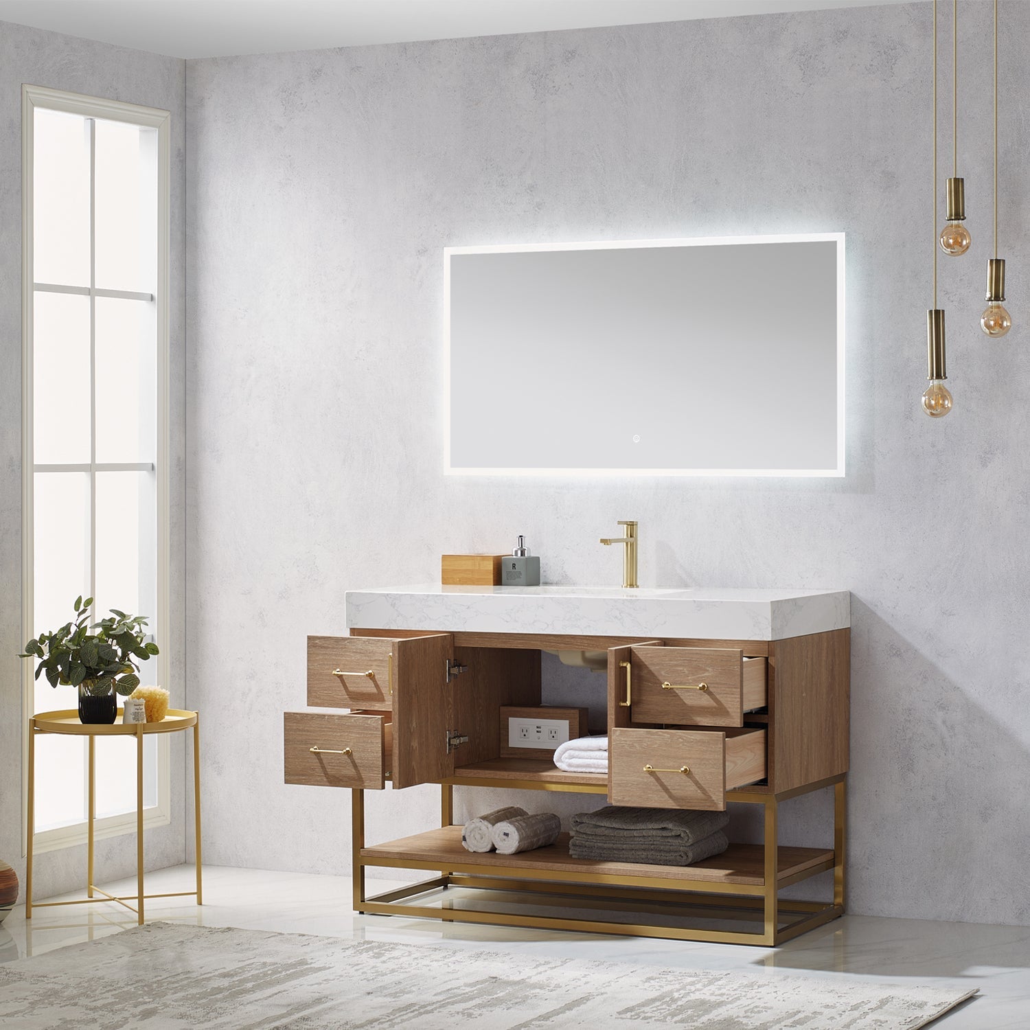 Alistair 48" Single Vanity in North American Oak with White Grain Stone Countertop