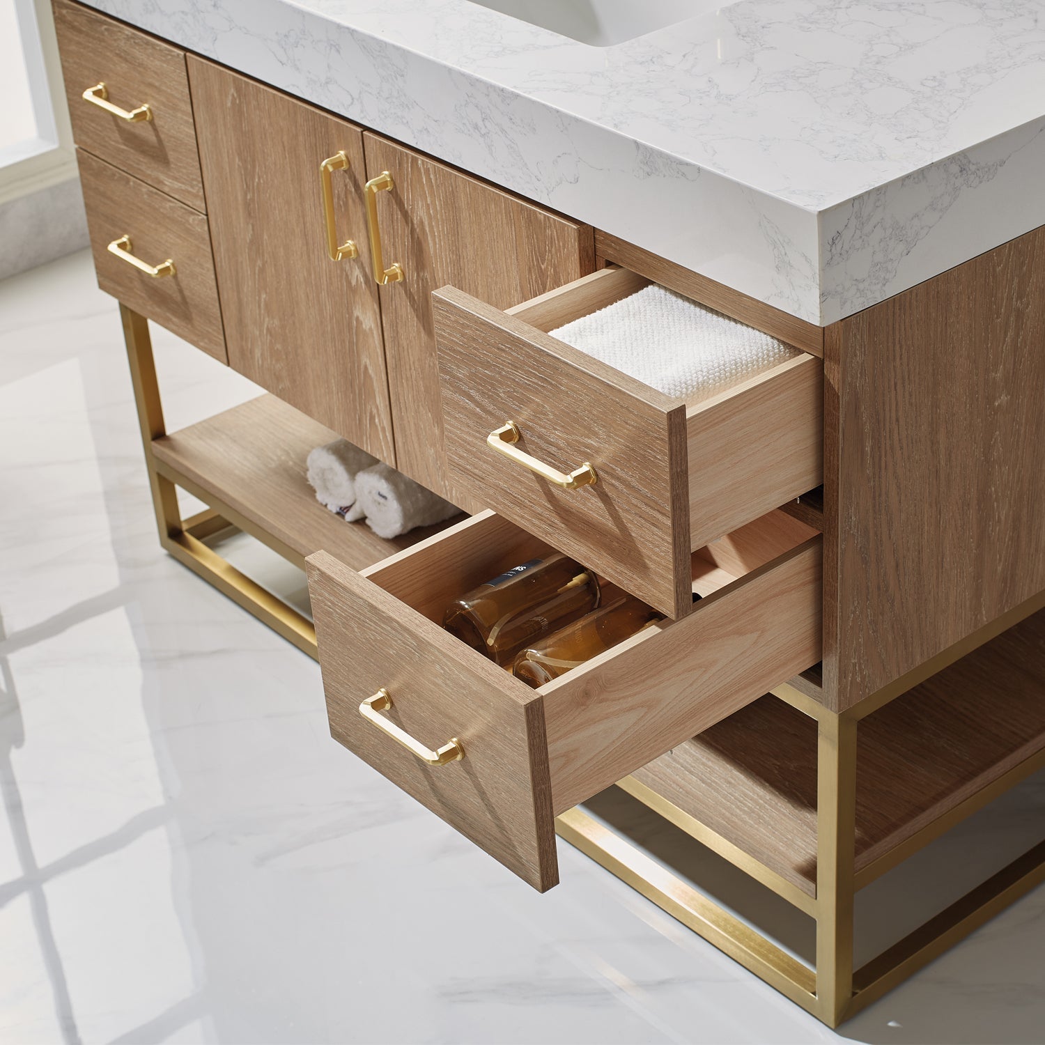 Alistair 48" Single Vanity in North American Oak with White Grain Stone Countertop