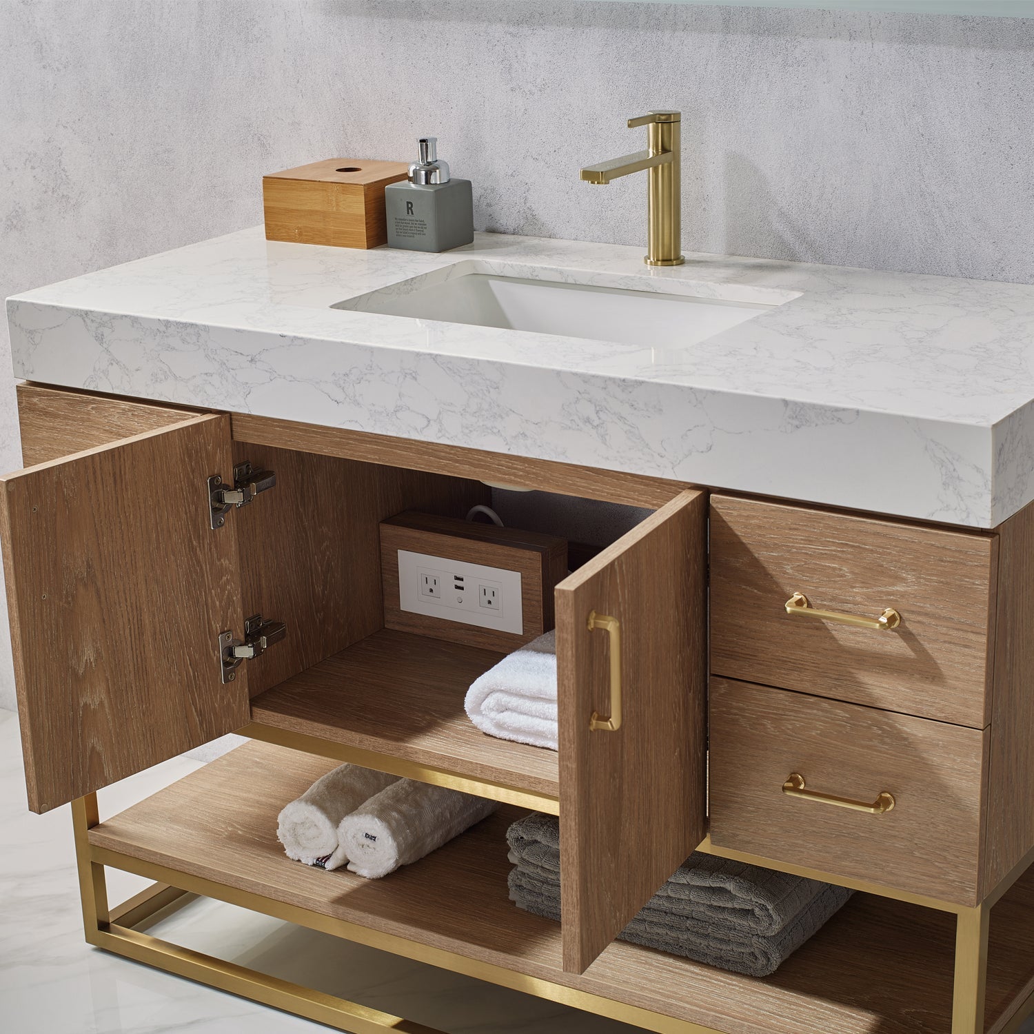 Alistair 48" Single Vanity in North American Oak with White Grain Stone Countertop