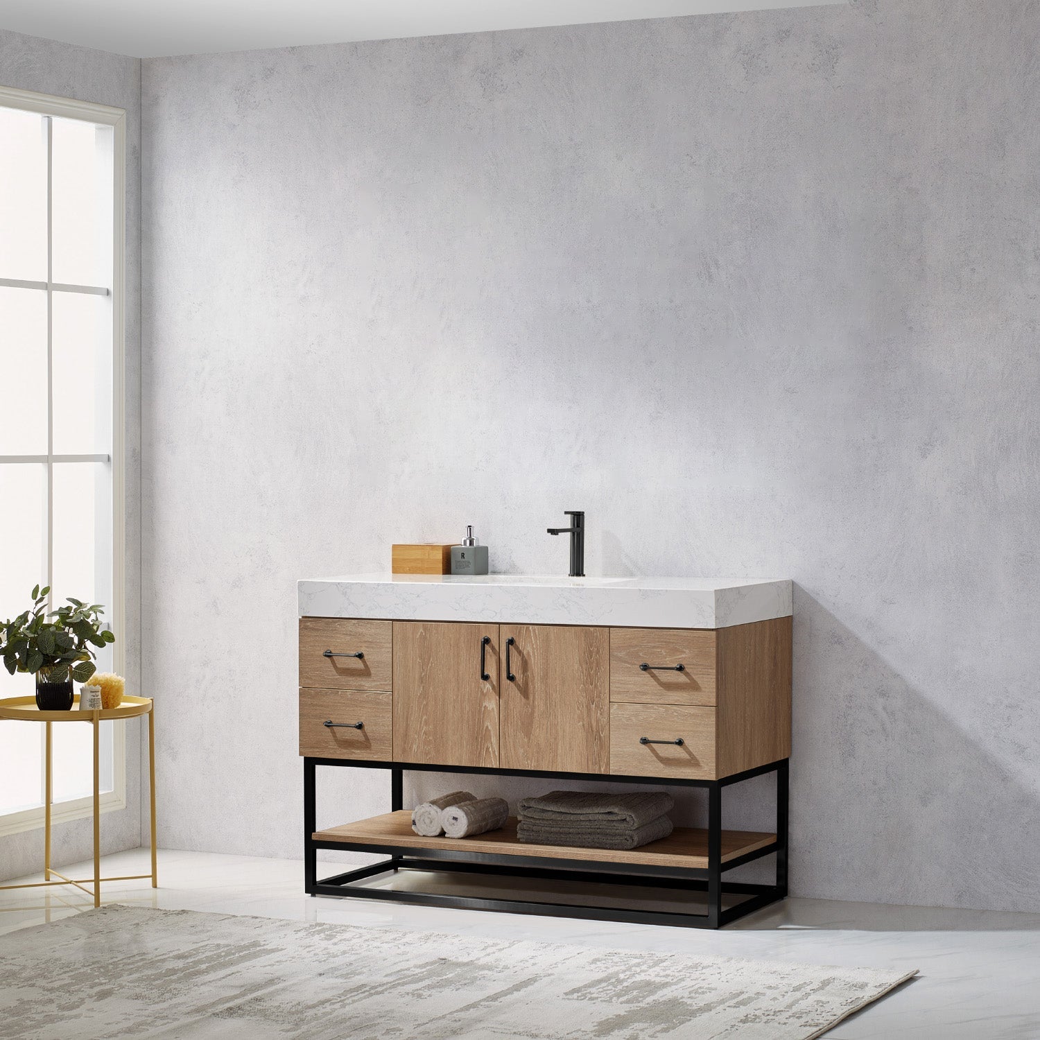 Alistair 48B" Single Vanity in North American Oak with White Grain Stone Countertop