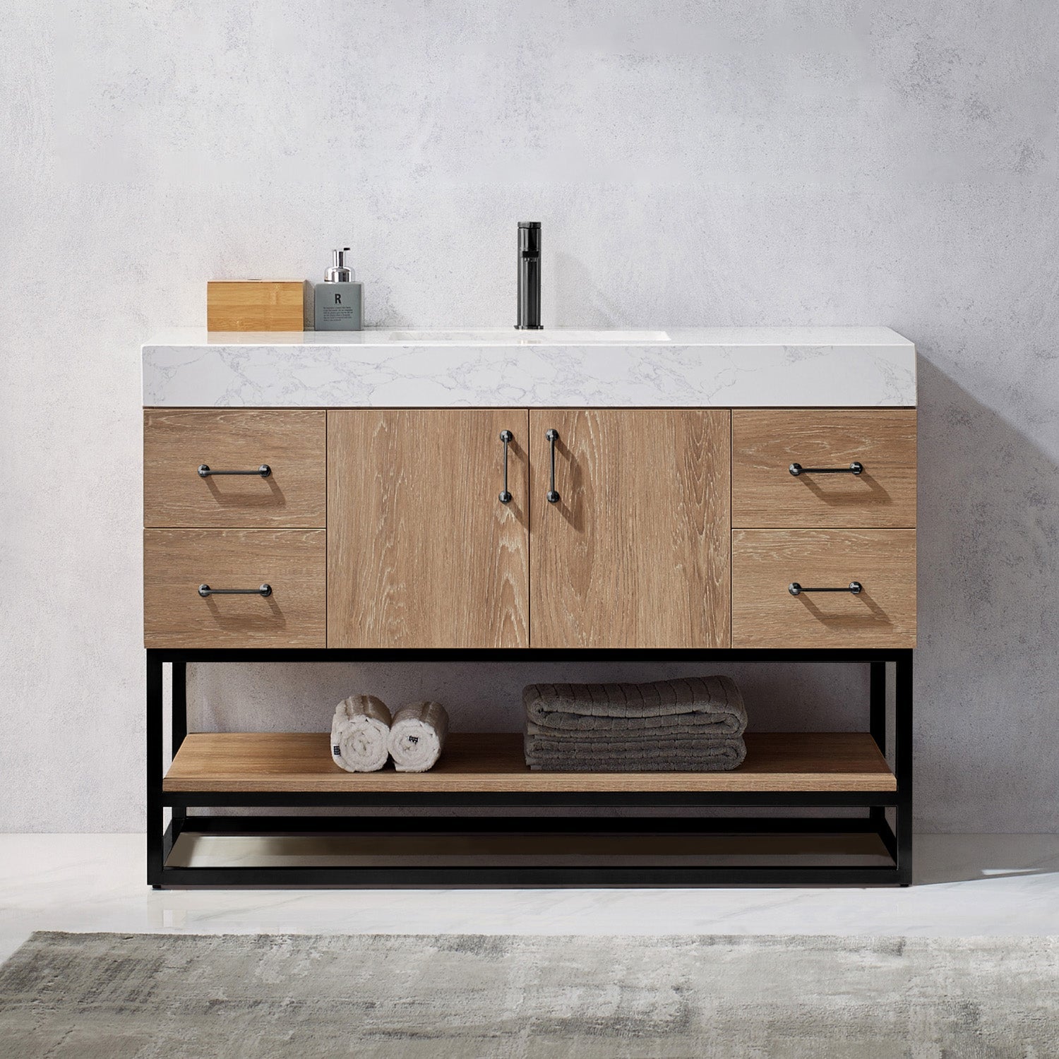 Alistair 48B" Single Vanity in North American Oak with White Grain Stone Countertop