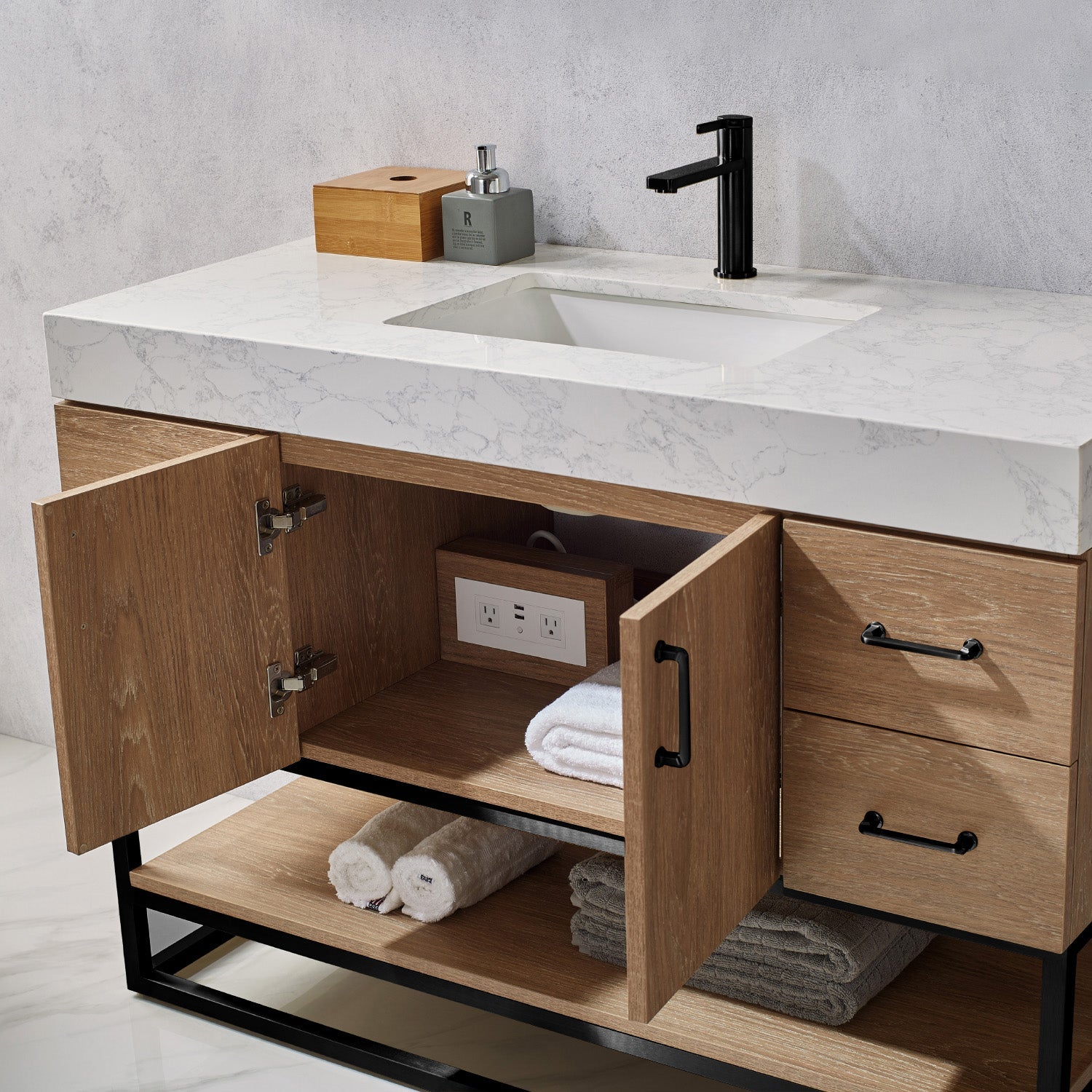 Alistair 42B" Single Vanity in North American Oak with White Grain Stone Countertop