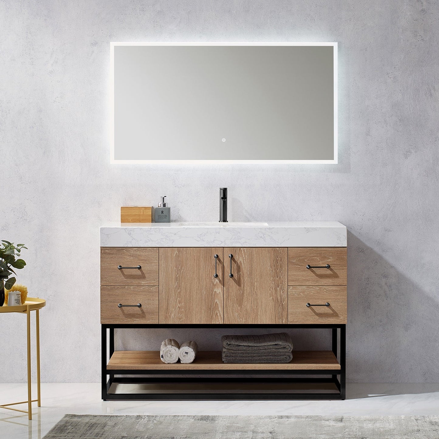 Alistair 48B" Single Vanity in North American Oak with White Grain Stone Countertop