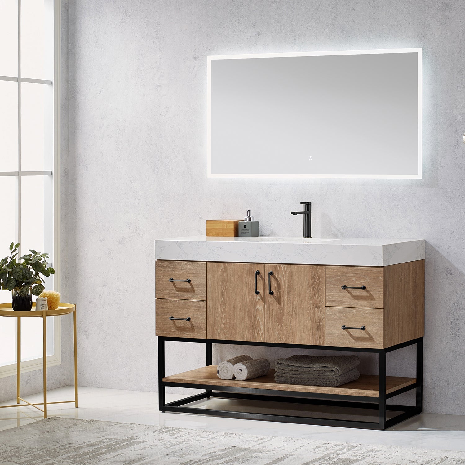 Alistair 48B" Single Vanity in North American Oak with White Grain Stone Countertop