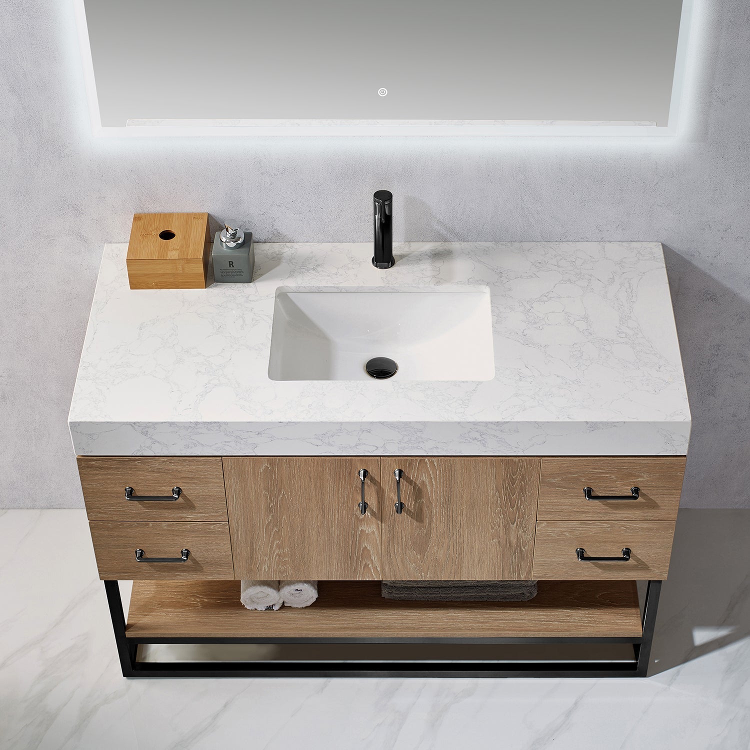 Alistair 48B" Single Vanity in North American Oak with White Grain Stone Countertop