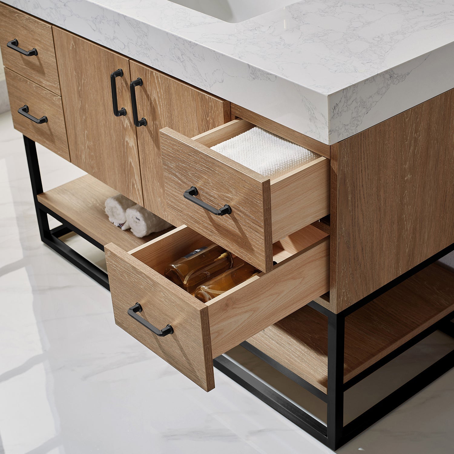 Alistair 48B" Single Vanity in North American Oak with White Grain Stone Countertop