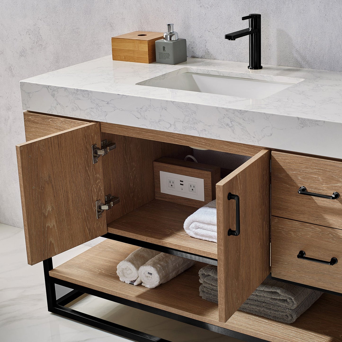 Alistair 48B" Single Vanity in North American Oak with White Grain Stone Countertop